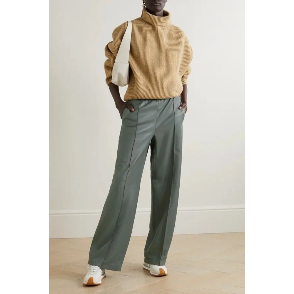 Vince Paneled Lamb Leather Wide Leg Pants Sm Grey Green‎ Chic Sexy Trouser Luxe